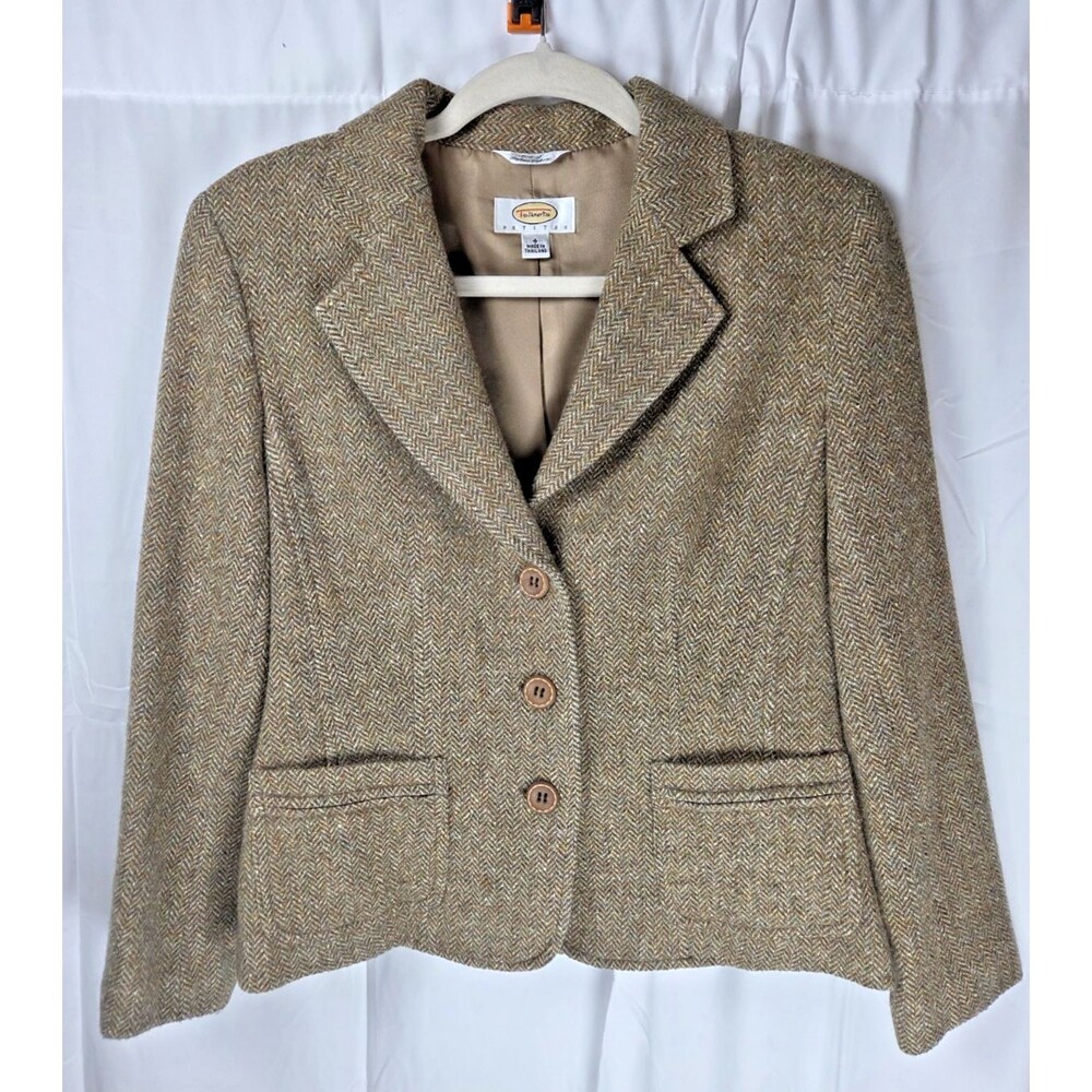 Talbots Petites Women's Size 4 Herringbone Wool Blend Blazer Jacket Brown Tweed - Picture 2 of 9
